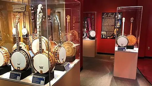 banjos encased in display at the American Banjo Museum