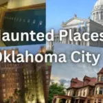 10 haunted places cover for blog post. background image contains the okc capitol, the skirvin, overholser mansion, and a school hallway