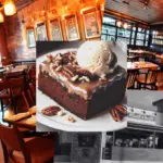 whiskey cake with ice cream on top layered on photos of inside and outside of whiskey cake restaurant