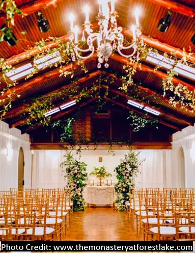 wedding chapel room with chairs and high ceilings