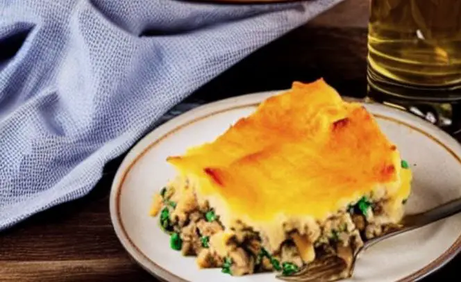 plate of shepherds pie and beer beside it