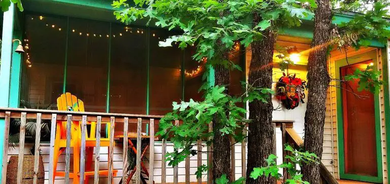 front porch with large trees in front