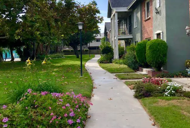 a sidewalk with a row of condo houses