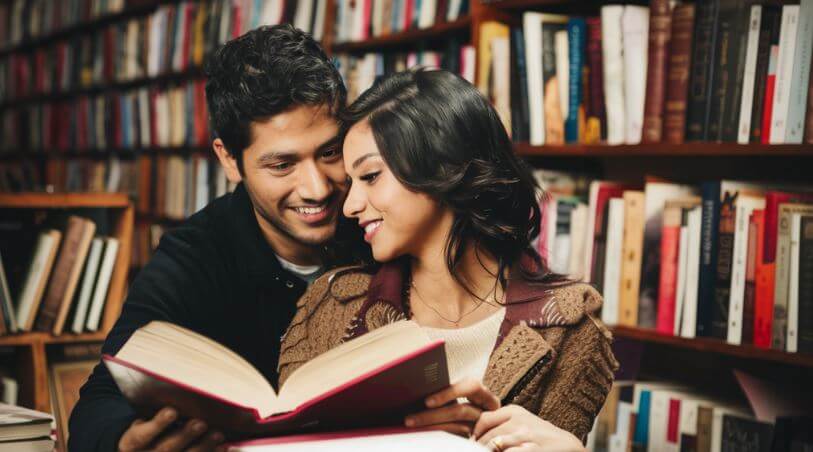 man and woman couple looking at a book