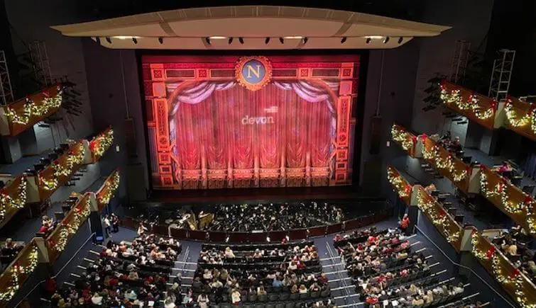a music hall showing the stage with seating from the back top row