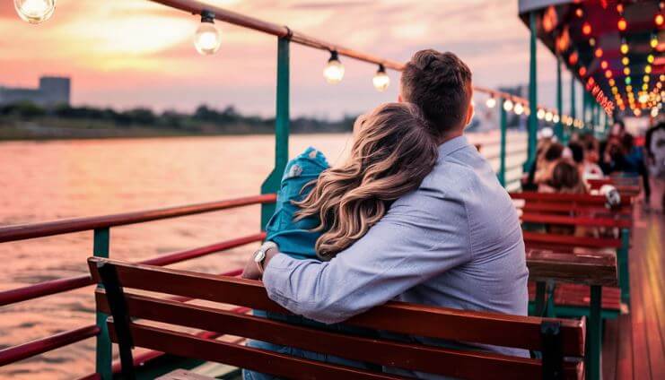 a man and woman riding together on a boat