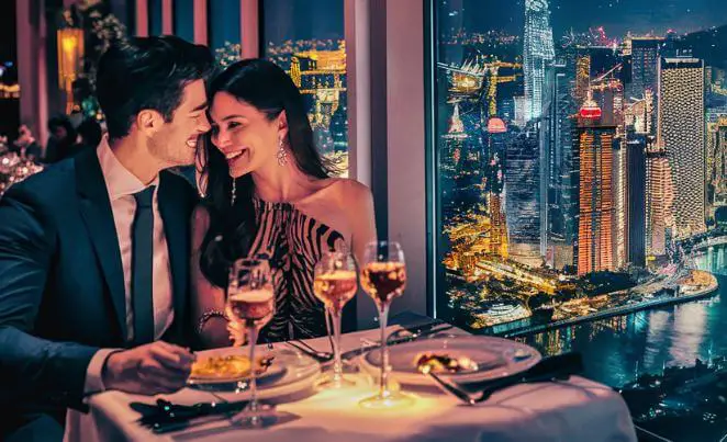 man and woman eating at a restaurant in a tall building at night with view of city