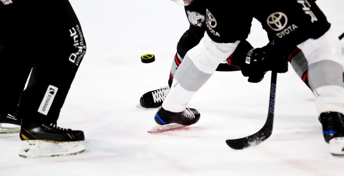 view of players' legs while playing a game of hockey