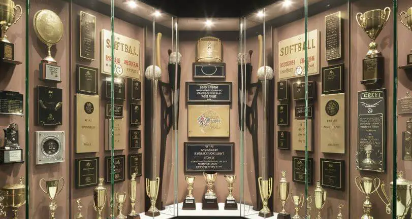 a glass display with trophies