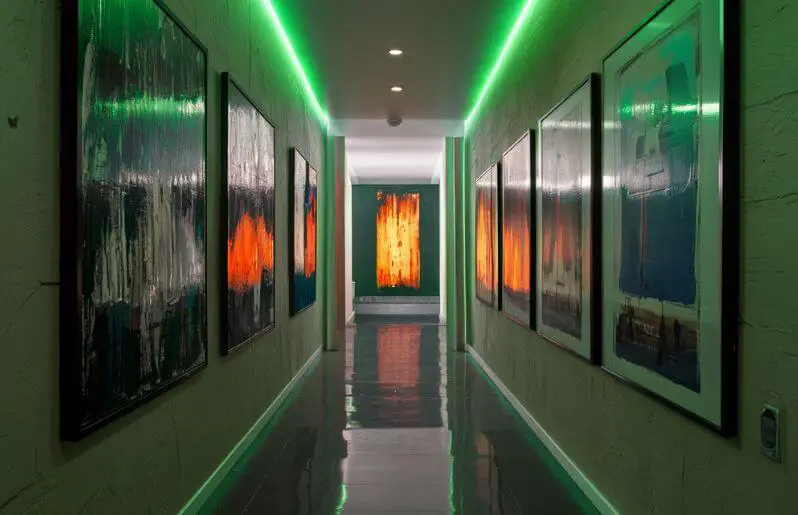 a hallway with art on the walls and green lights at the top