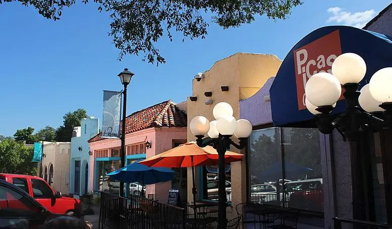 colorful buildings along the sidewalk in the Paseo District of OKC